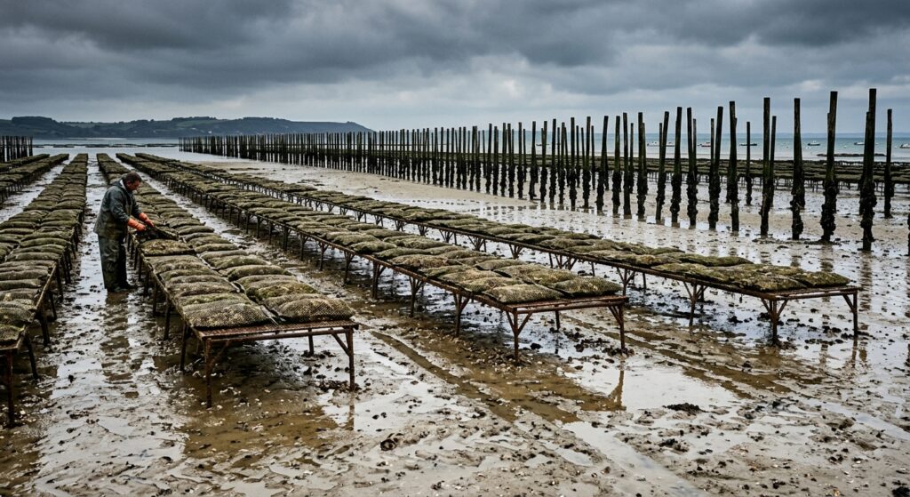 Tables à huîtres et rangées de pieux à moules découvertes par la marée basse