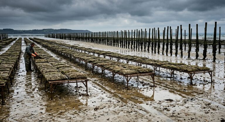 Tables à huîtres et rangées de pieux à moules découvertes par la marée basse