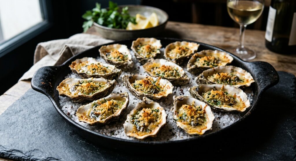 Une douzaine d'huîtres gratinées au beurre d'échalote, dorées au gril, dans un plat en fonte sur un lit de gros sel