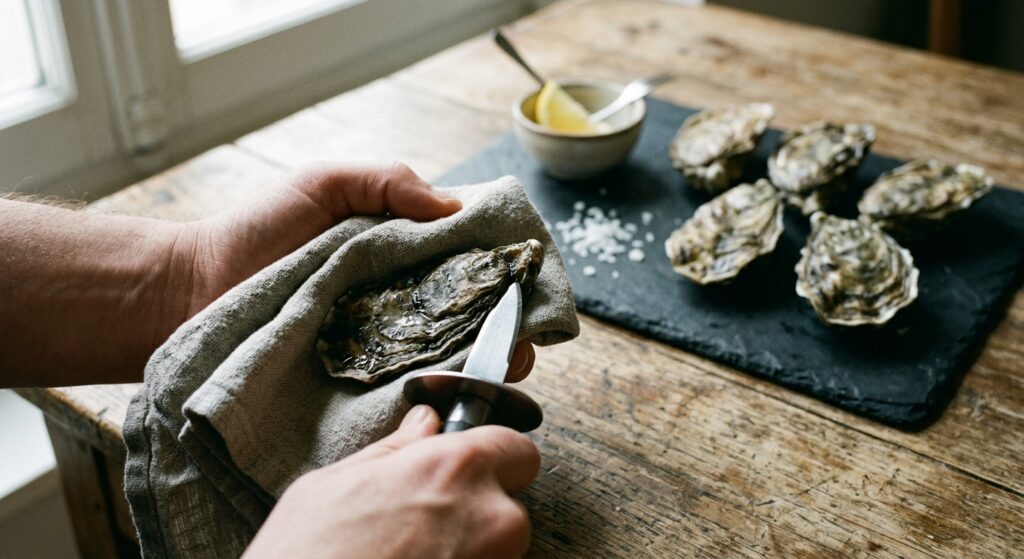 Un couteau à huîtres engagé au talon d'une coquille tenue dans un torchon