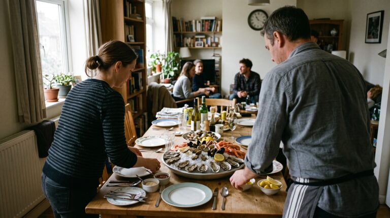 Un plateau garni d'huîtres, crevettes et coquillages est dressé sur glace sur une table, avec deux personnes autour