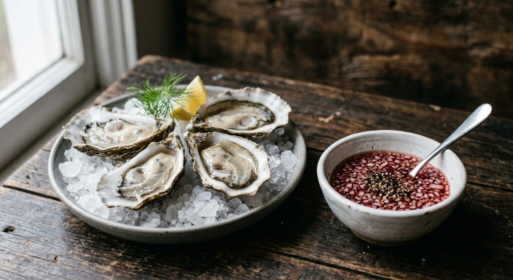 Bol de sauce mignonette aux échalotes et au poivre concassé, à côté de trois huîtres ouvertes