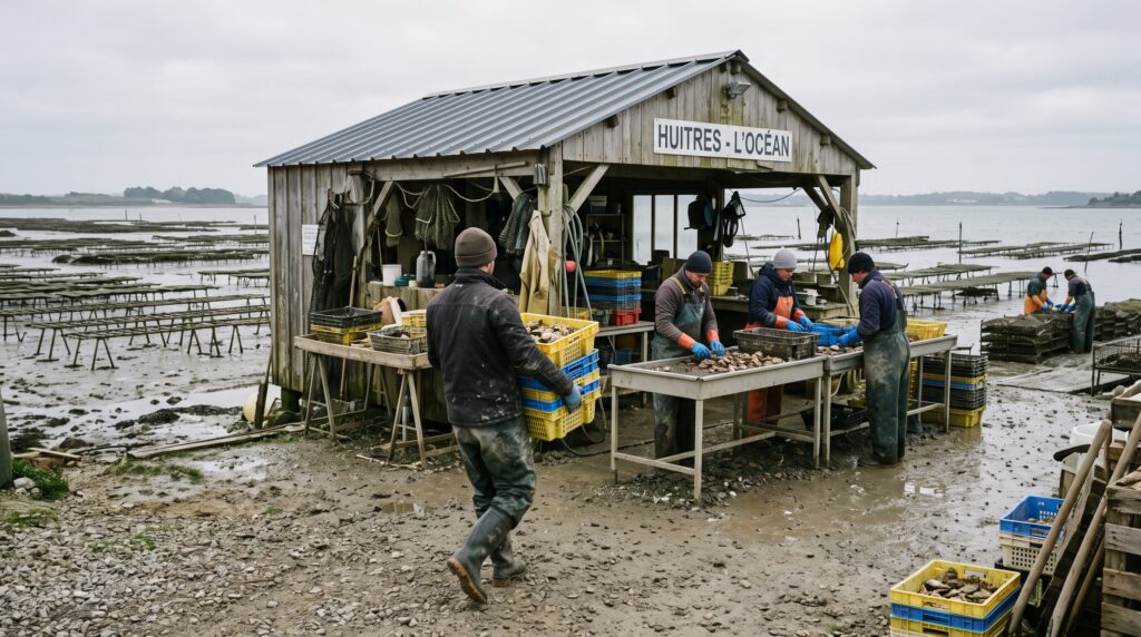 Des tables de tri et des bourriches sont disposées près de claires ostréicoles, avec plusieurs personnes au travail
