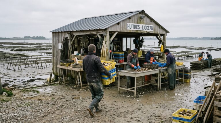 Des tables de tri et des bourriches sont disposées près de claires ostréicoles, avec plusieurs personnes au travail