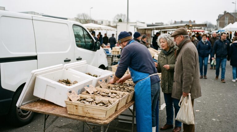 Un vendeur range des bourriches sur un étal de marché pendant que des clients regardent les prix affichés.