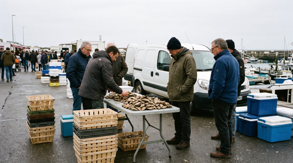 Sur un quai de marché, un vendeur range des bourriches d’huîtres sur une table pendant que des passants regardent